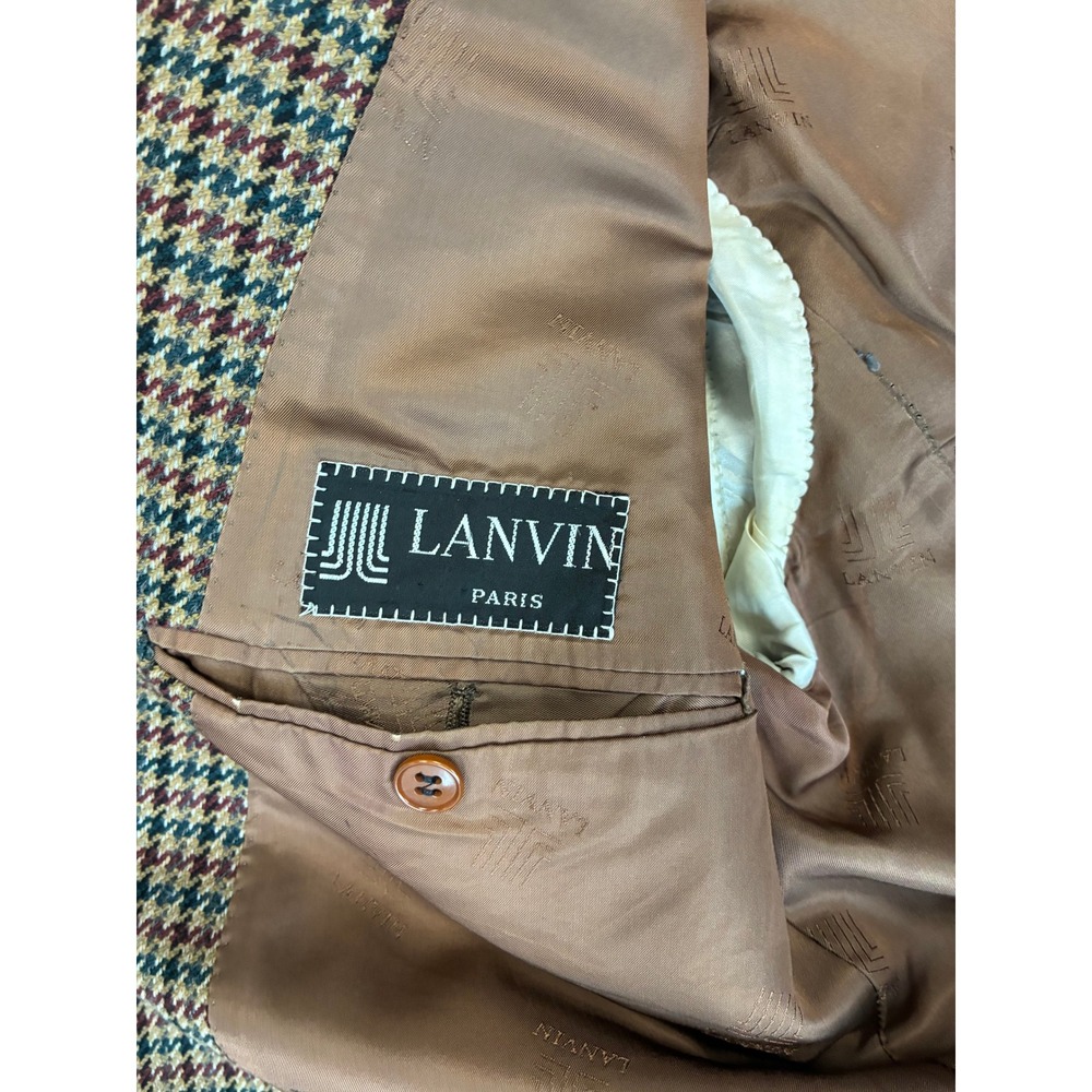 Lanvin Paris Mens Vintage Houndstooth Wool Blazer Sport Coat Brown Tan Size 54 - Picture 2 of 6